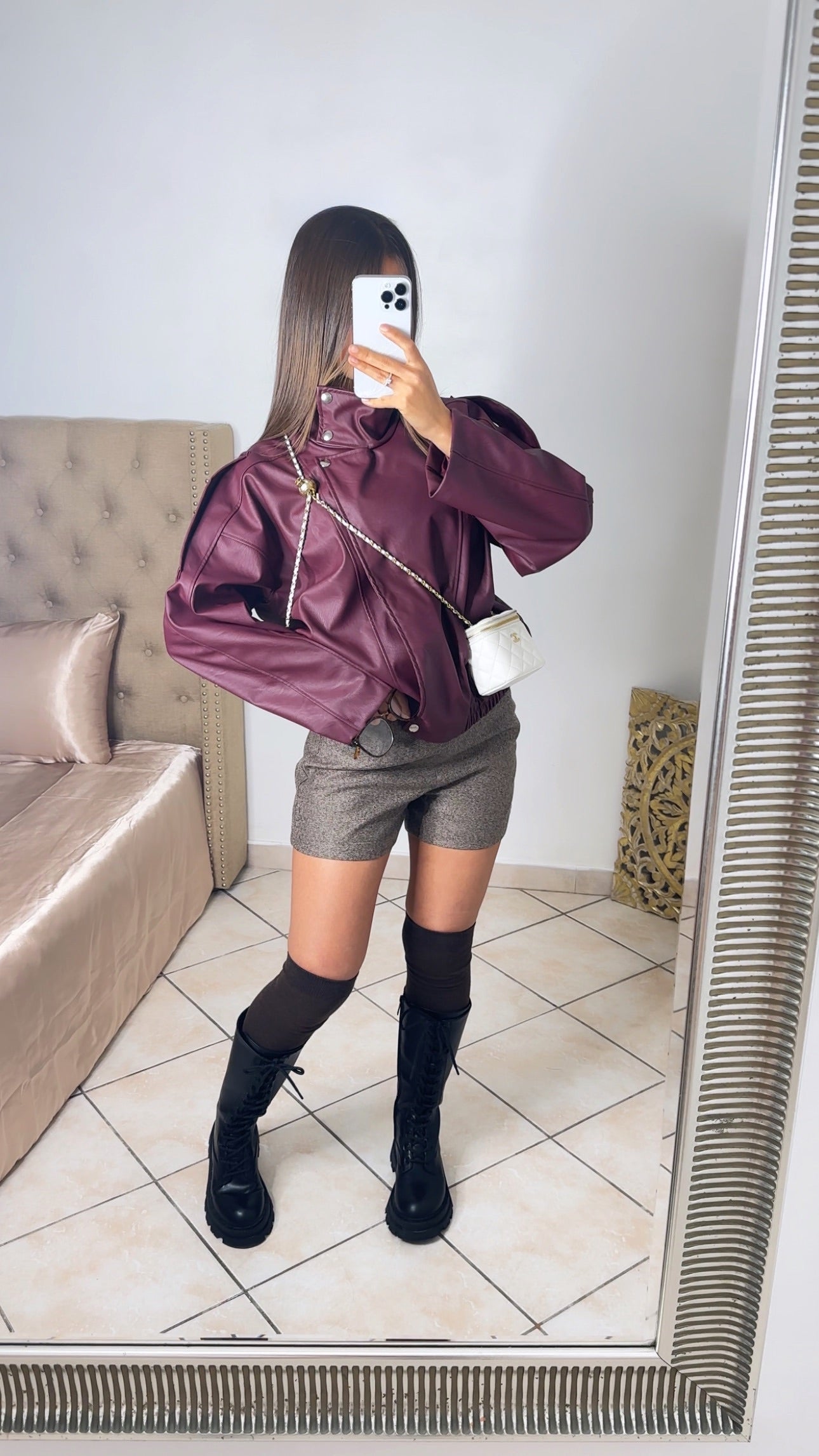 Veste similicuir oversize col montant [BURGUNDY]