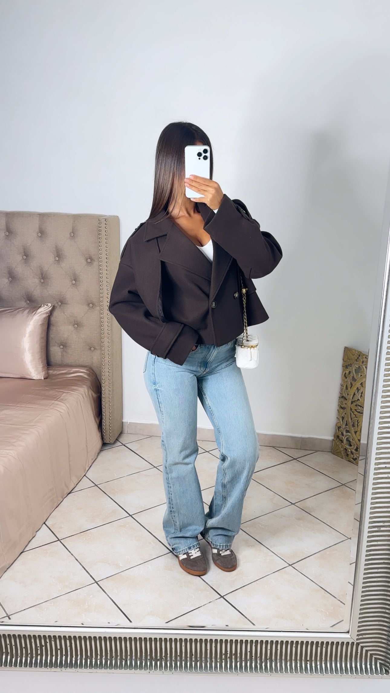 Manteau trench court effet laine [MARRON]