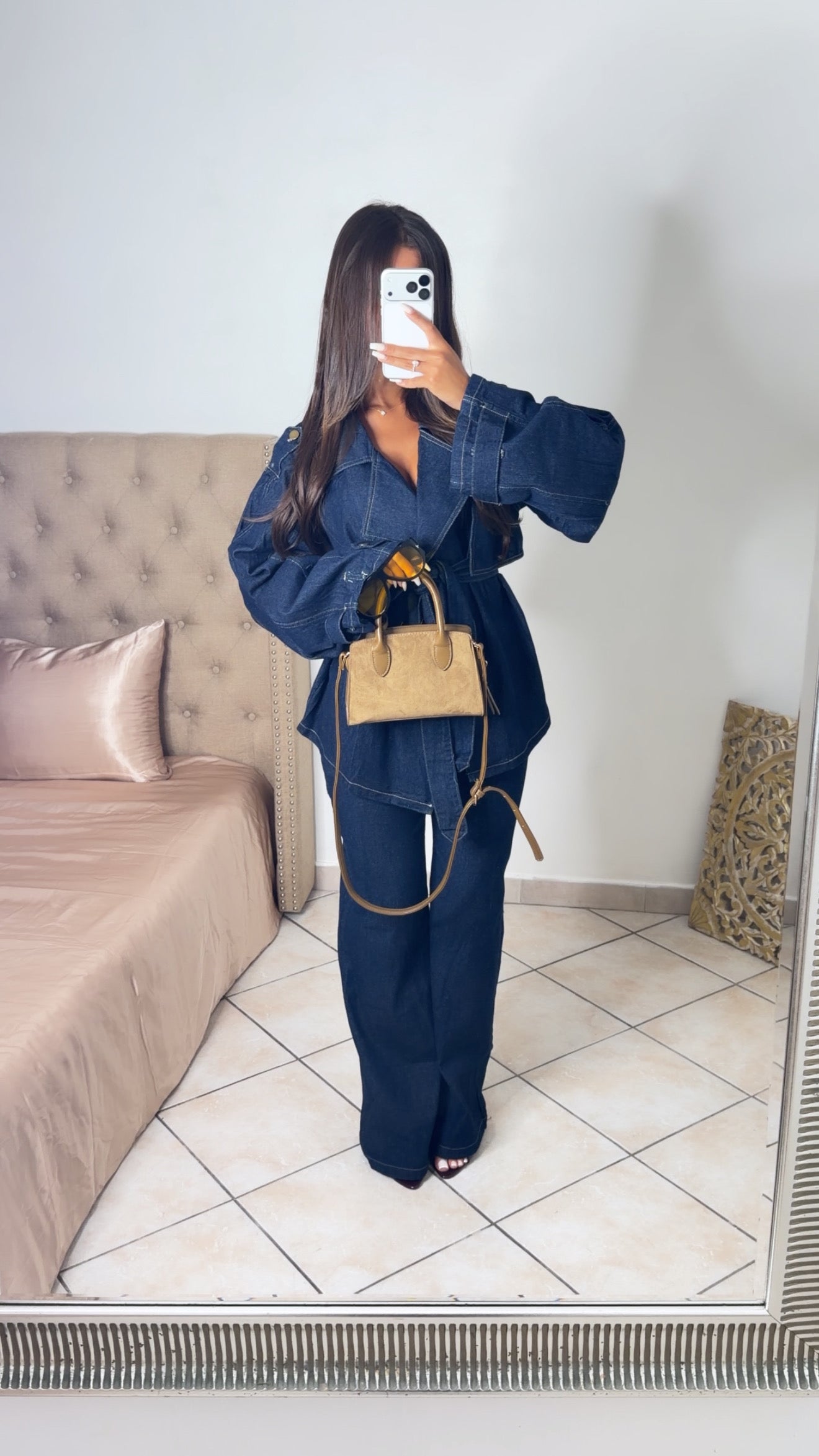 Ensemble veste trench et pantalon droit en jean épais [JEAN BRUT]