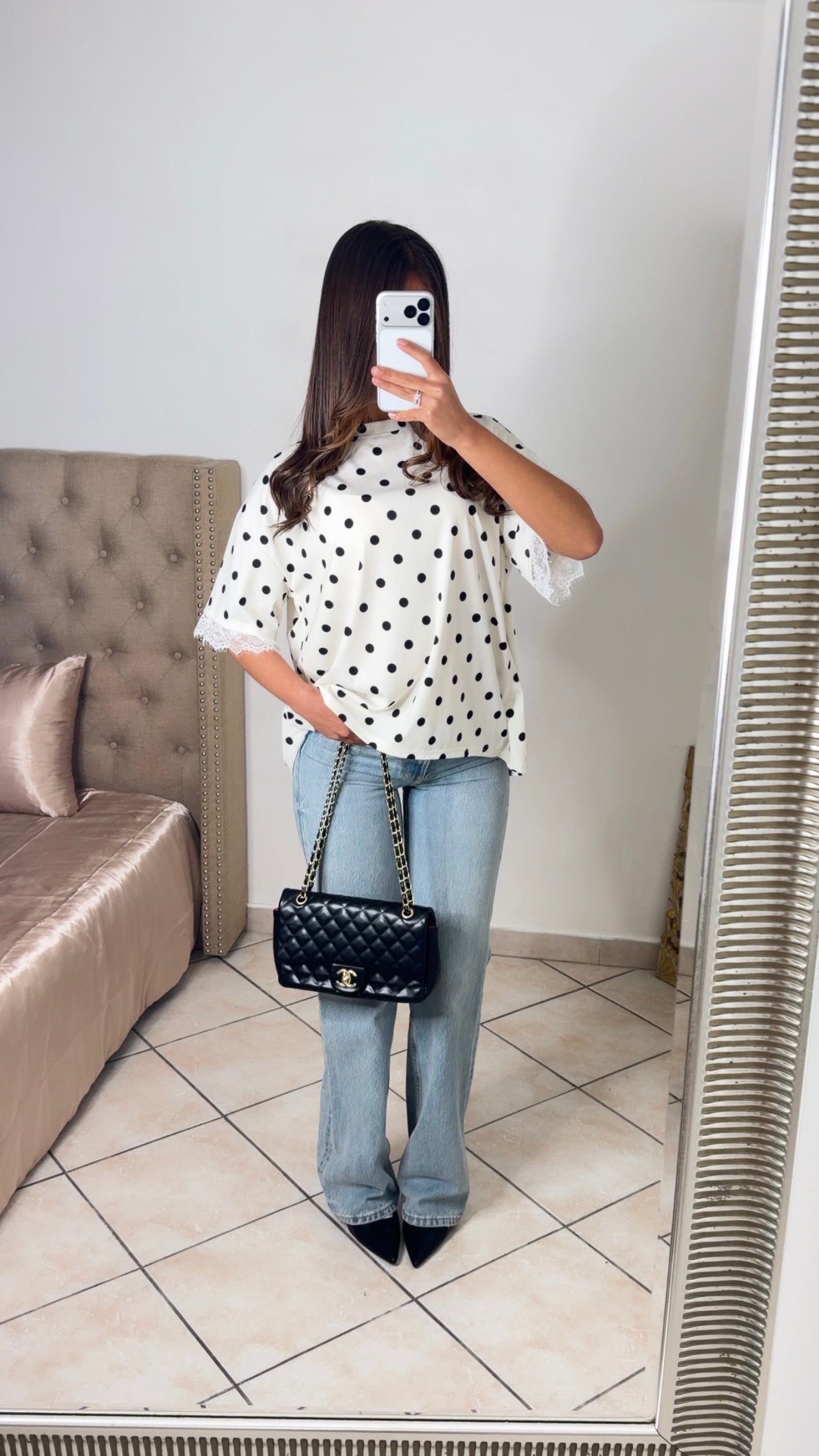 T-shirt dos en dentelle à pois [BLANC]