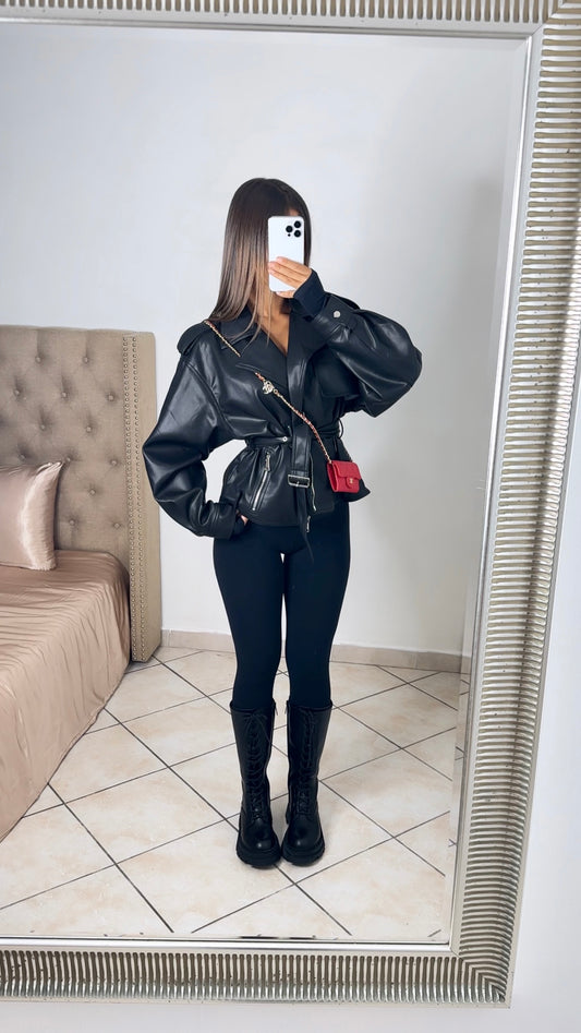 Veste oversize en similicuir à ceinture [NOIR]