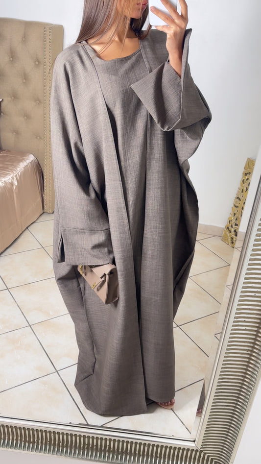 Ensemble sous robe + kimono effet lin [TAUPE]