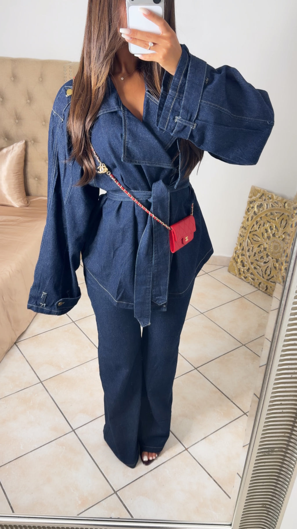Ensemble veste trench et pantalon droit en jean épais [JEAN BRUT]