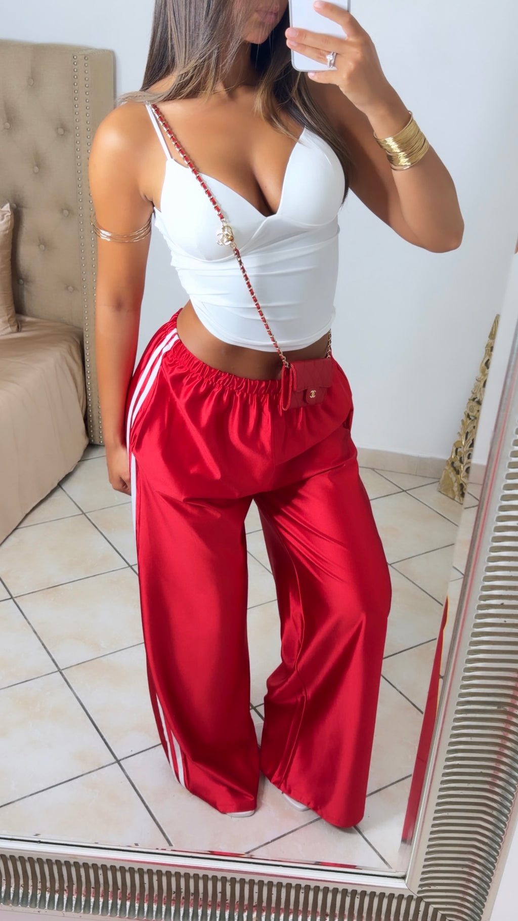 Pantalon satiné à bandes [ROUGE]