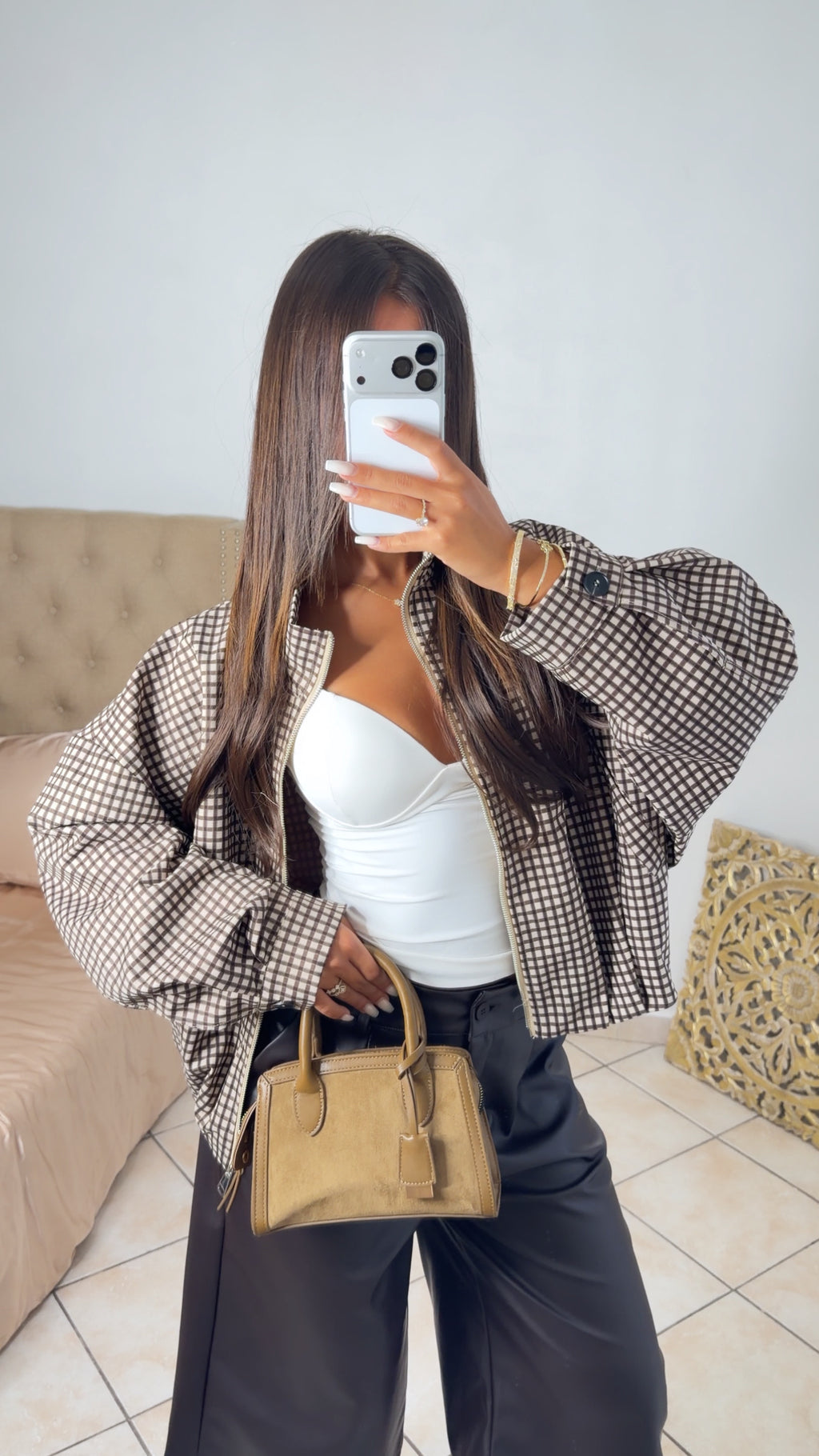 Veste bouffante à carreaux [MARRON]