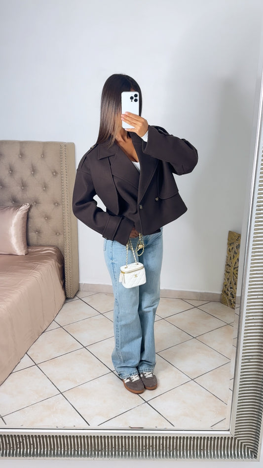Manteau trench court effet laine [MARRON]