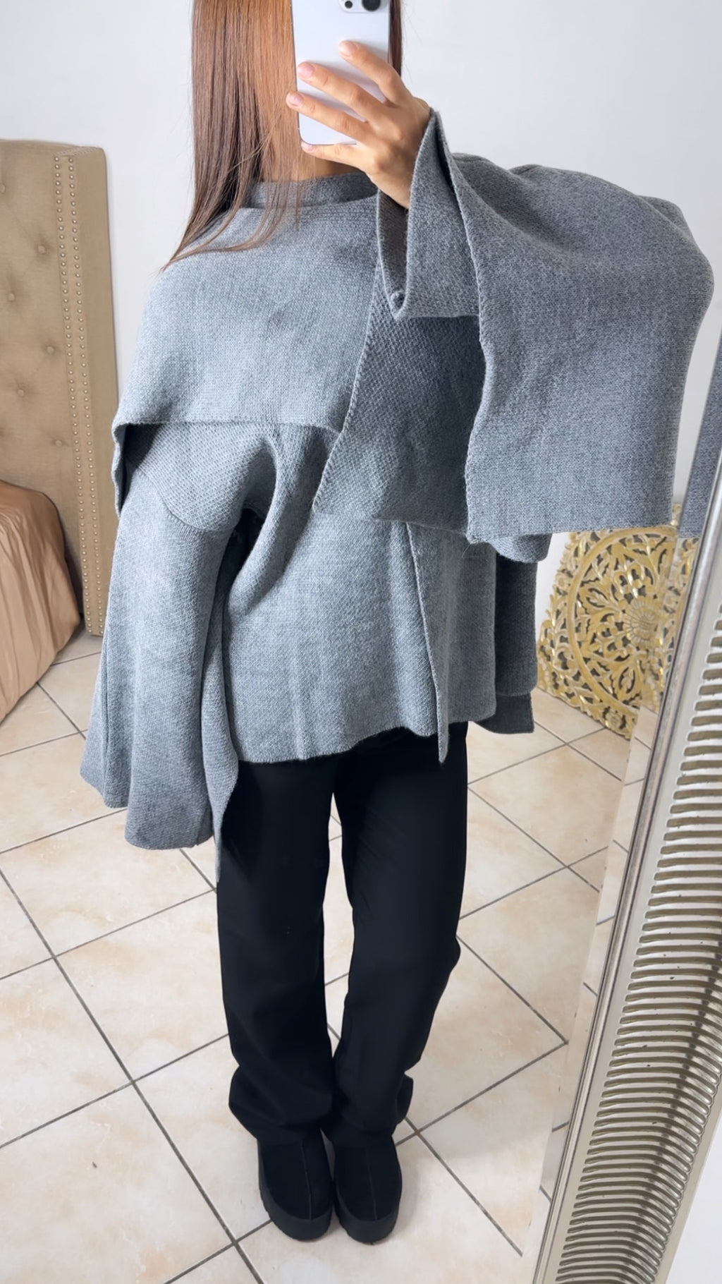 Veste en maille avec cape [GRIS]