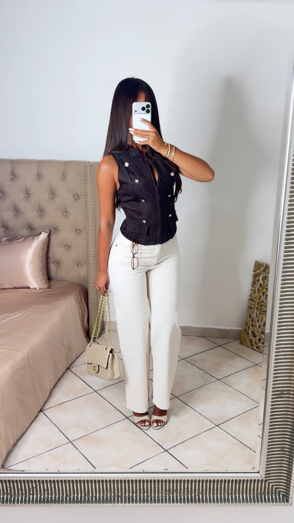 Top zippé sans manches à détail asiatique [MARRON]
