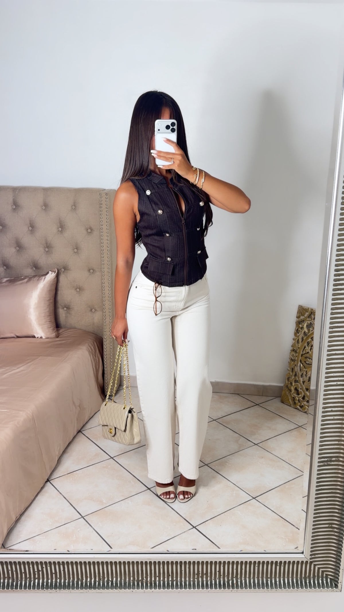 Top zippé sans manches à détail asiatique [MARRON]