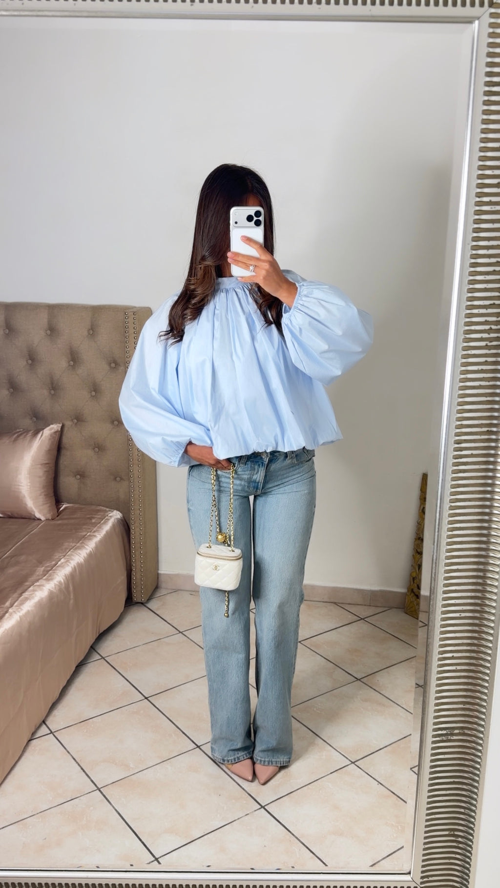 Blouse bouffante à nouer au dos [BLEU]