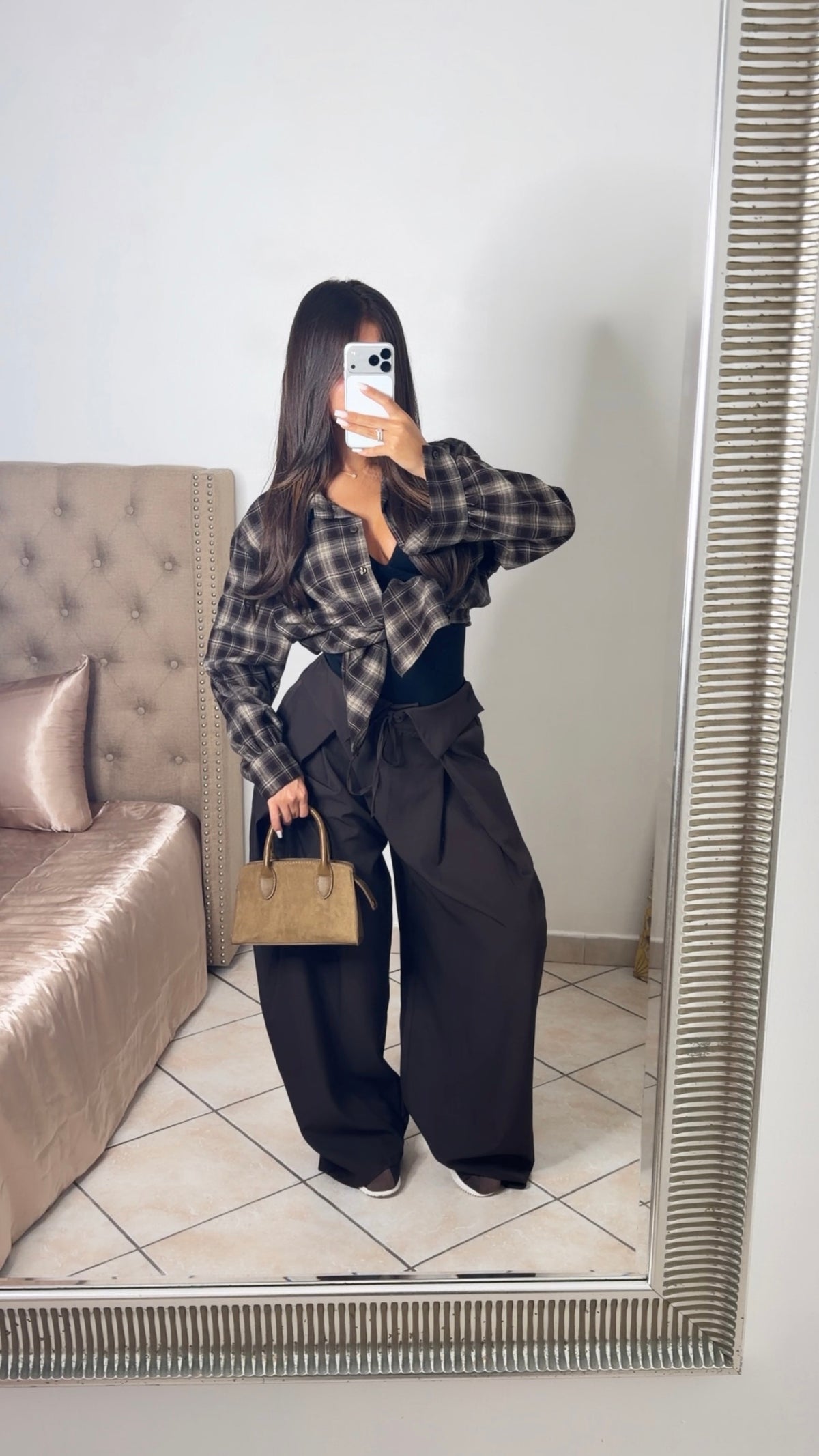 Chemise épaisse oversize longue à carreaux [MARRON]