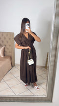 Robe popeline col V à ceinture [MARRON]