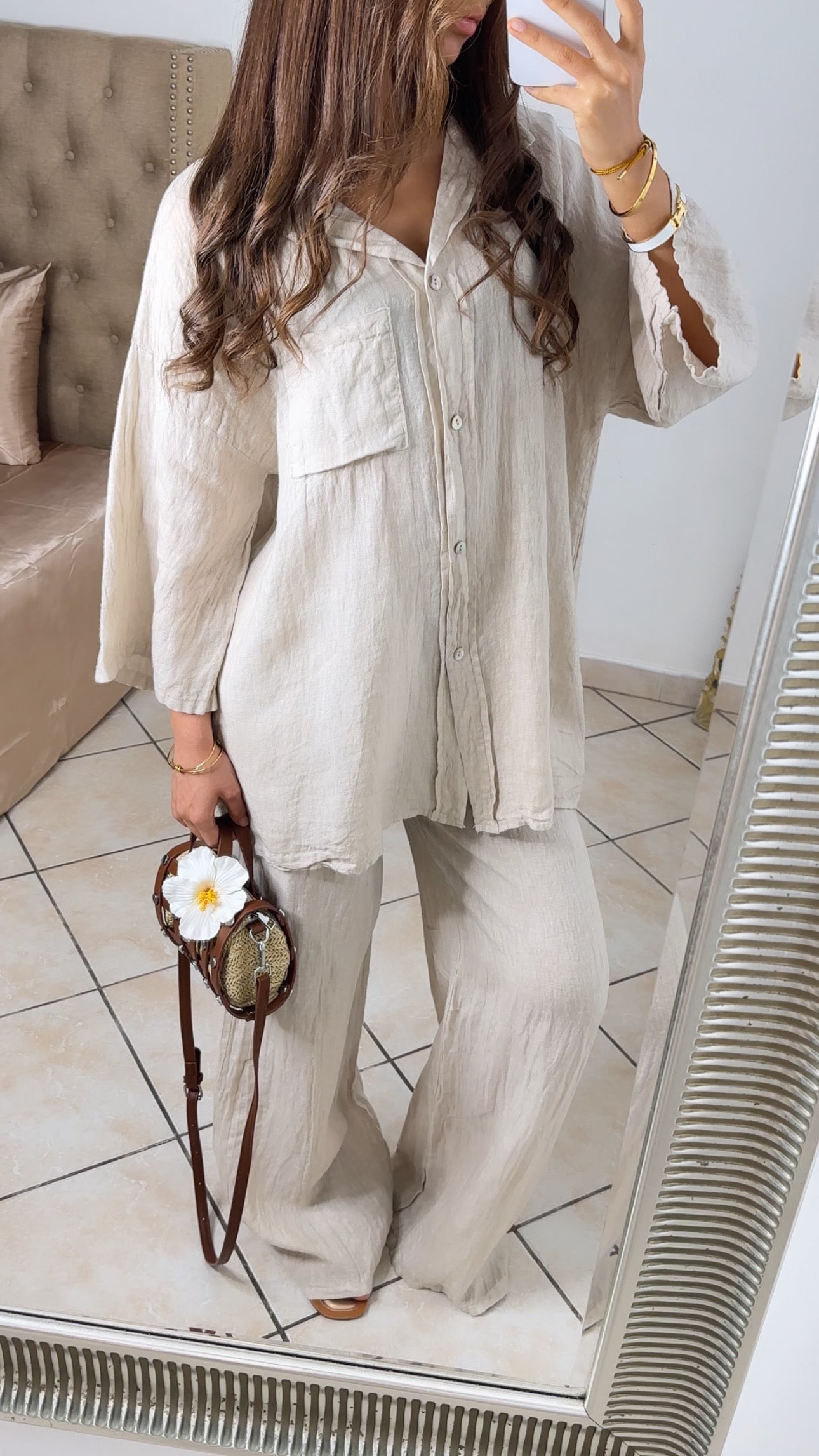 Ensemble chemise ample et pantalon 100% lin [BEIGE]