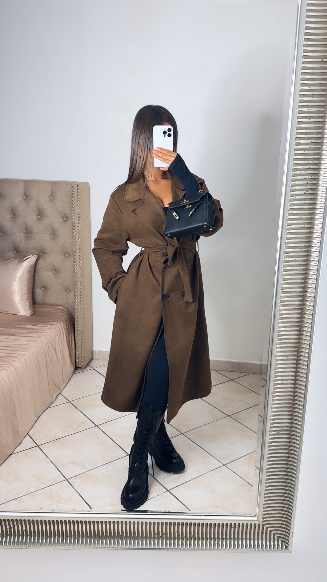 Trench long effet daim [MARRON]
