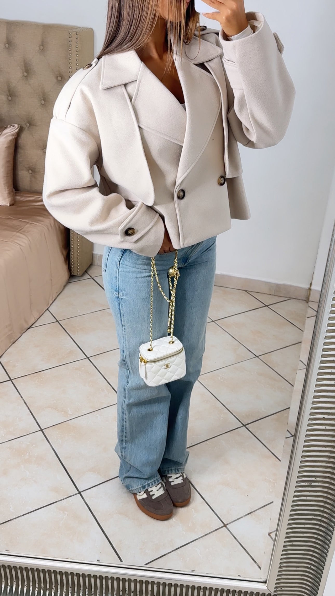 Manteau trench court effet laine [BEIGE]