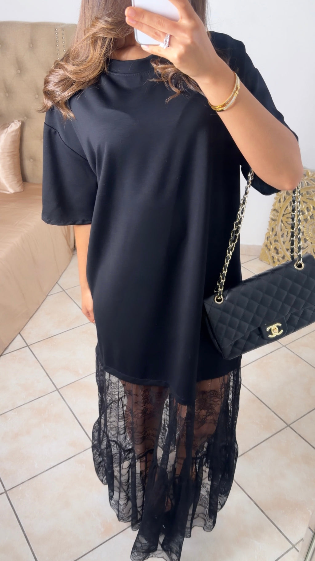 Robe t-shirt bimatière dentelle [NOIR]