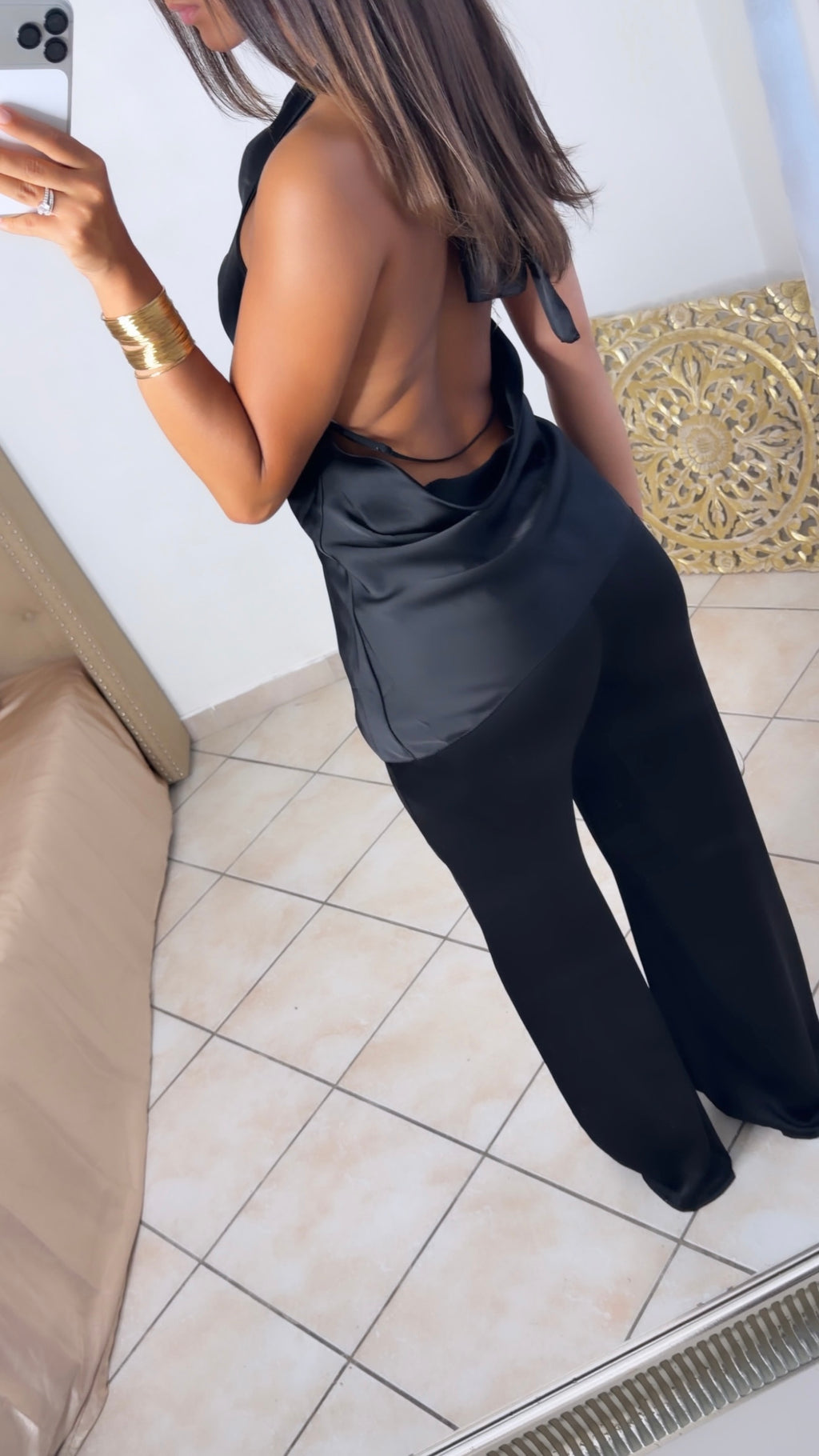 Ensemble col bénitier asymétrique et pantalon satiné [NOIR]