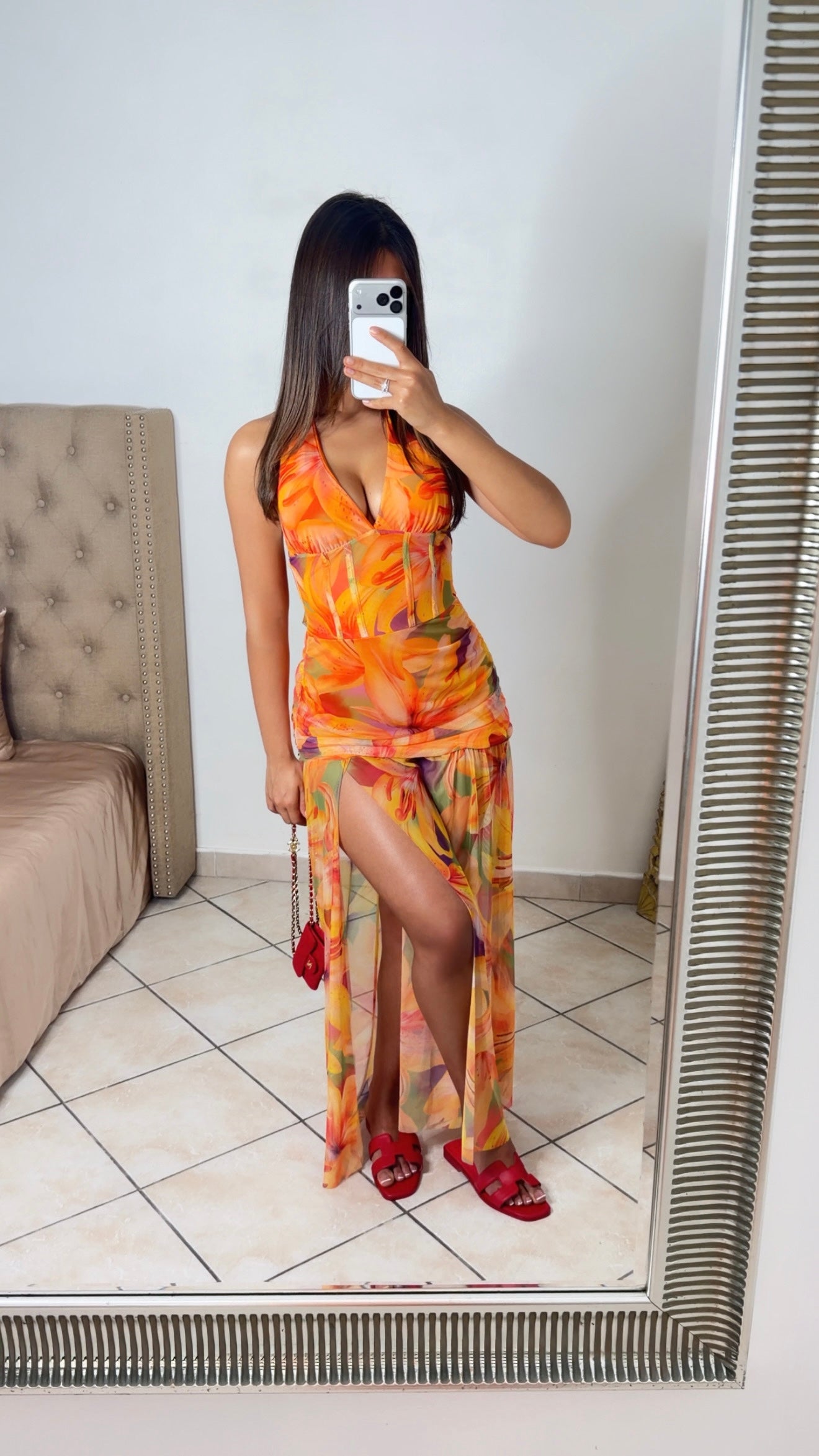 Robe longue drapée à motifs fleuris [ORANGE]