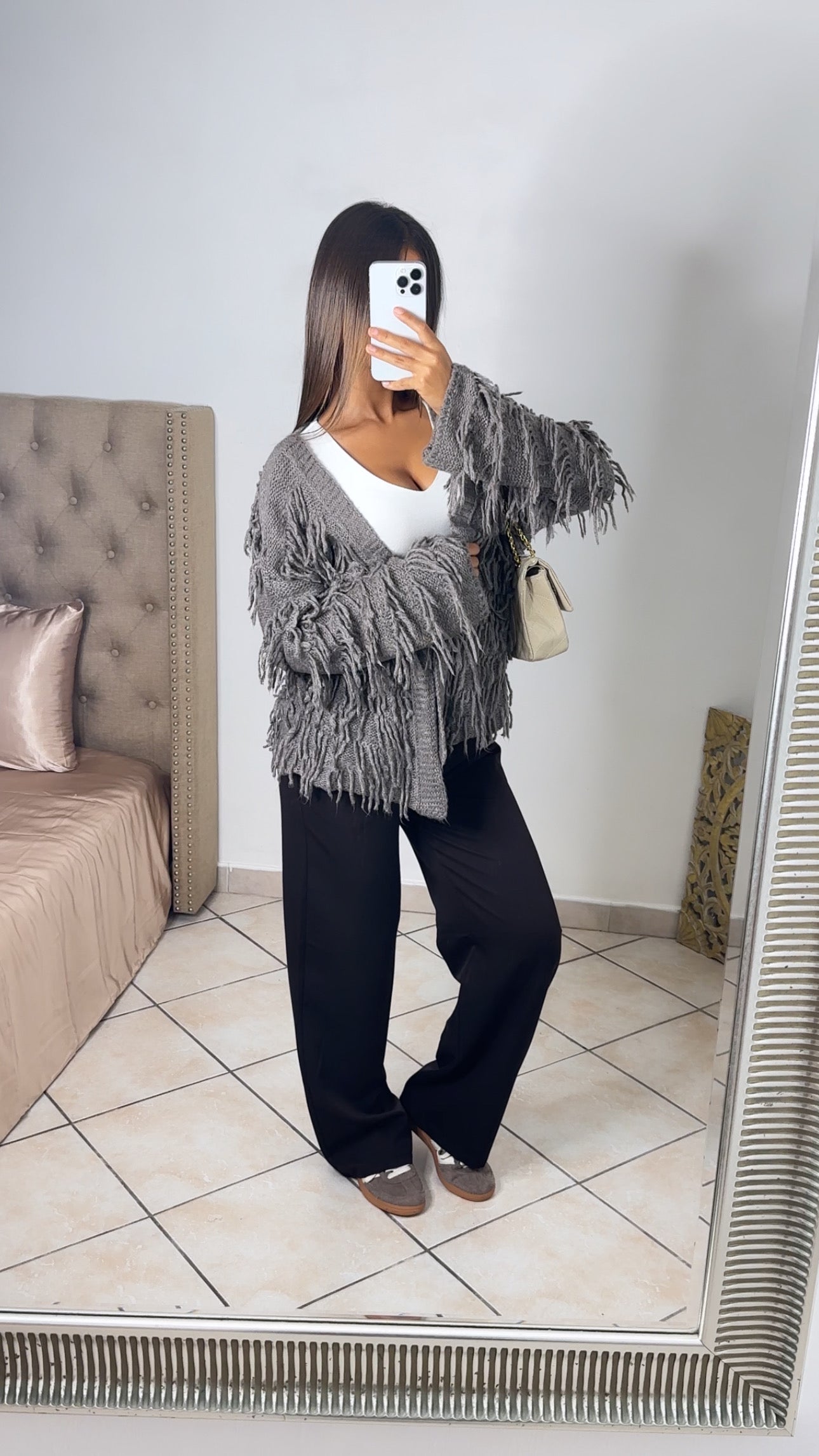 Cardigan en maille à franges [TAUPE]