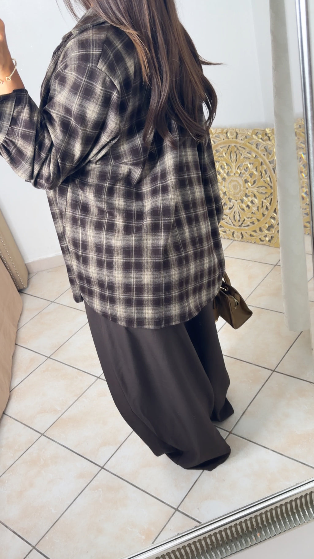 Chemise épaisse oversize longue à carreaux [MARRON]