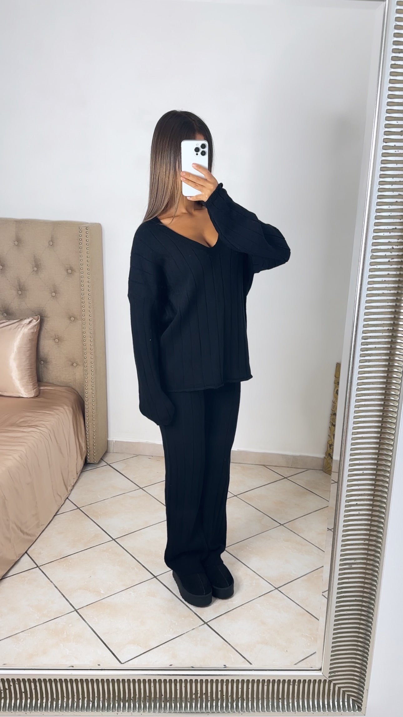 Ensemble pantalon en maille col V [NOIR]