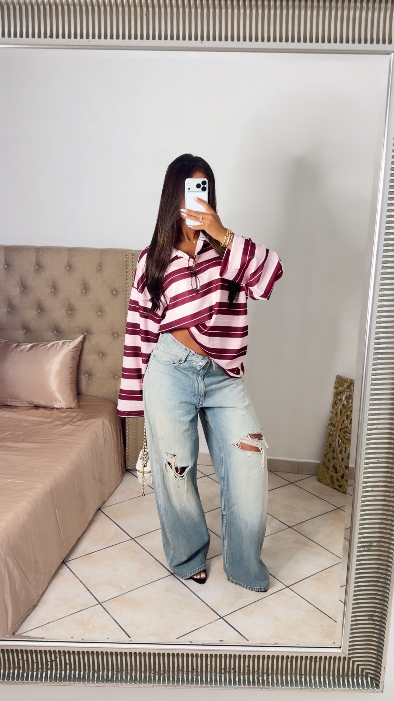 Pull oversize façon polo à rayures [PRUNE]