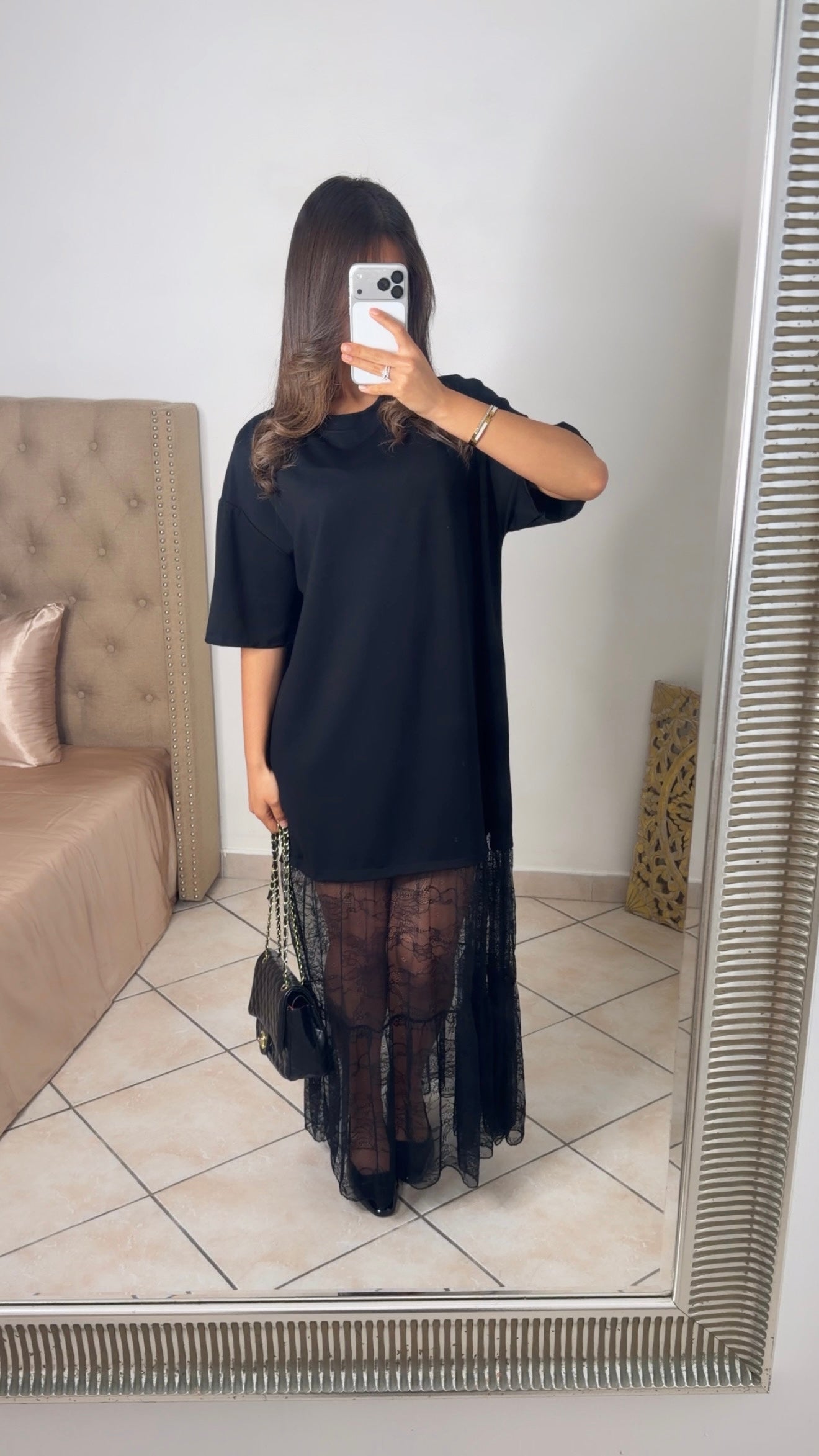 Robe t-shirt bimatière dentelle [NOIR]