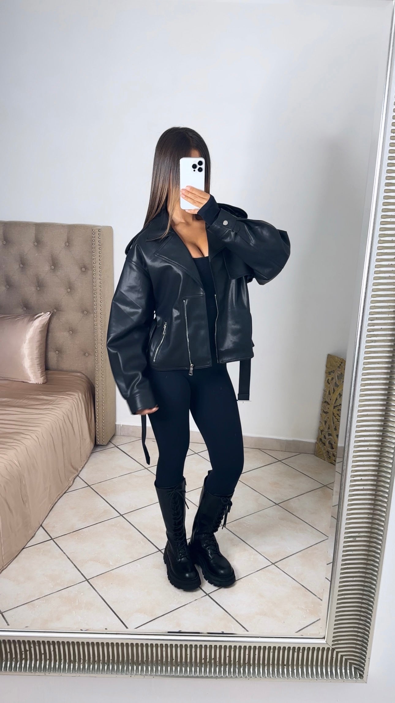 Veste oversize en similicuir à ceinture [NOIR]