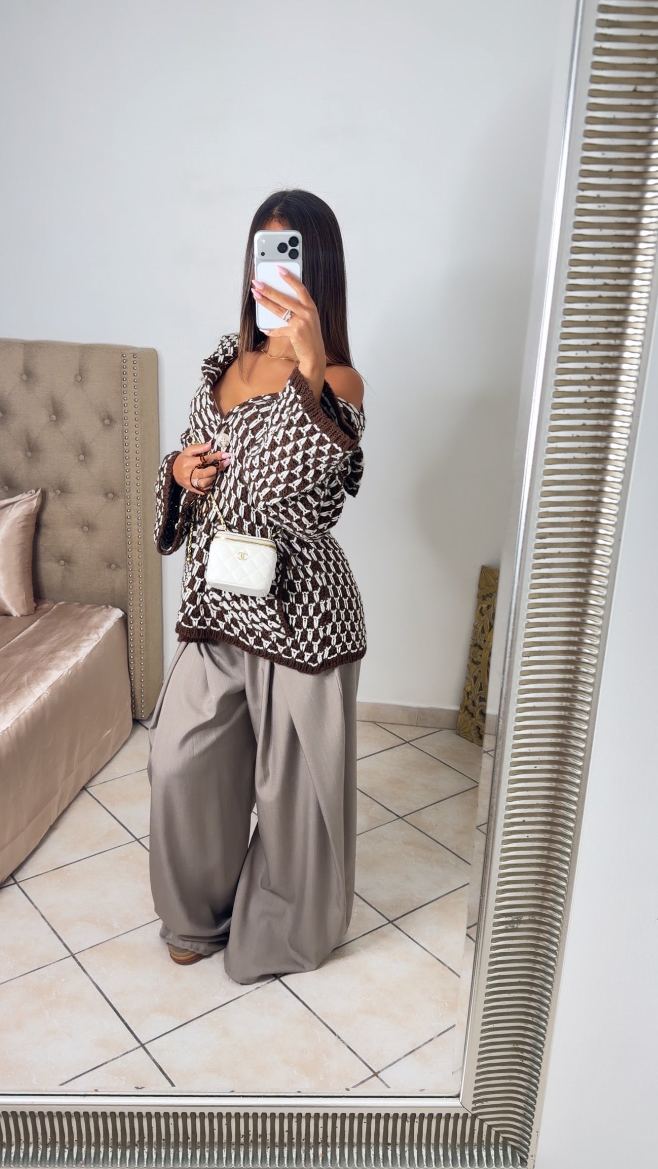 Cardigan boutonné à carreaux et grosse maille [MARRON]