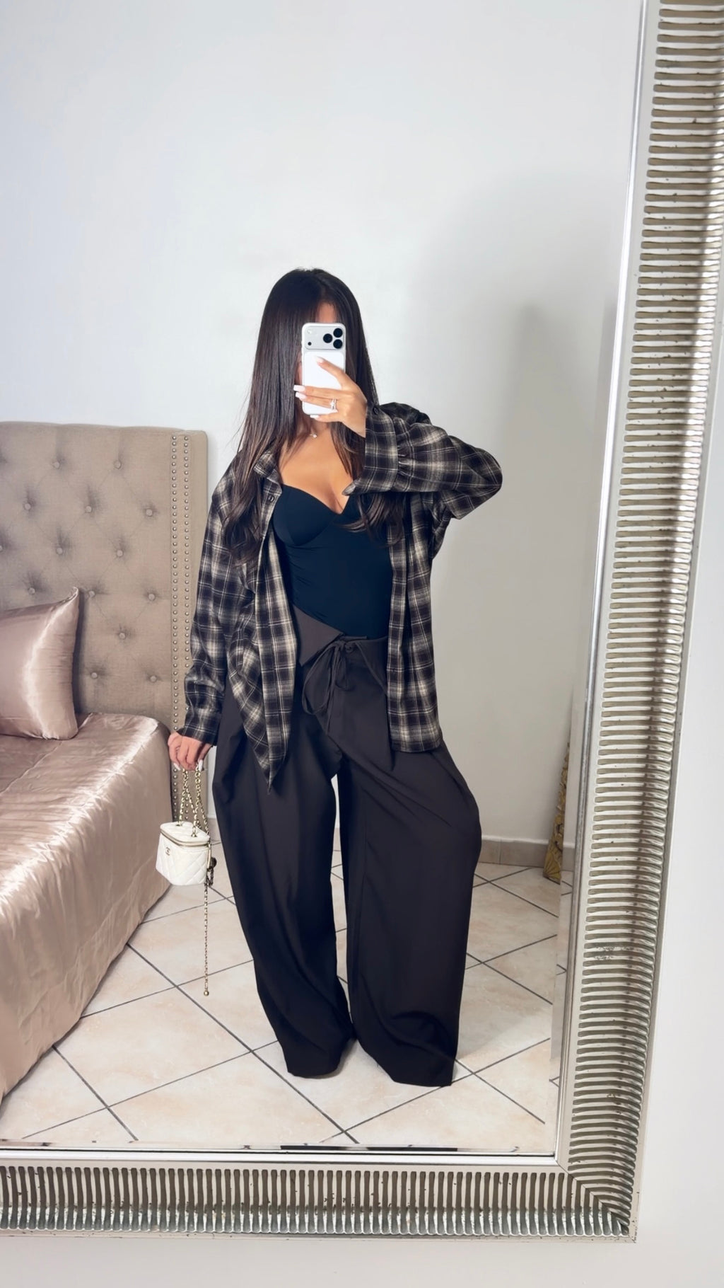 Chemise épaisse oversize longue à carreaux [MARRON]