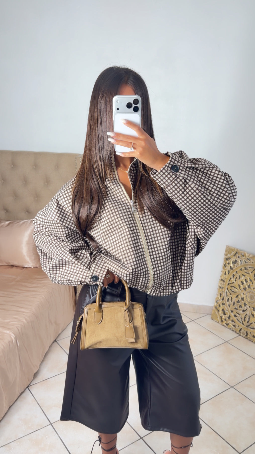 Veste bouffante à carreaux [MARRON]