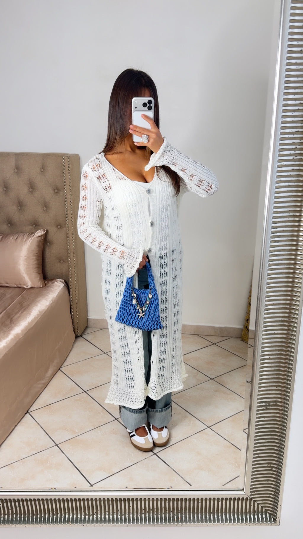 Gilet crochet long à boutons [BLANC]