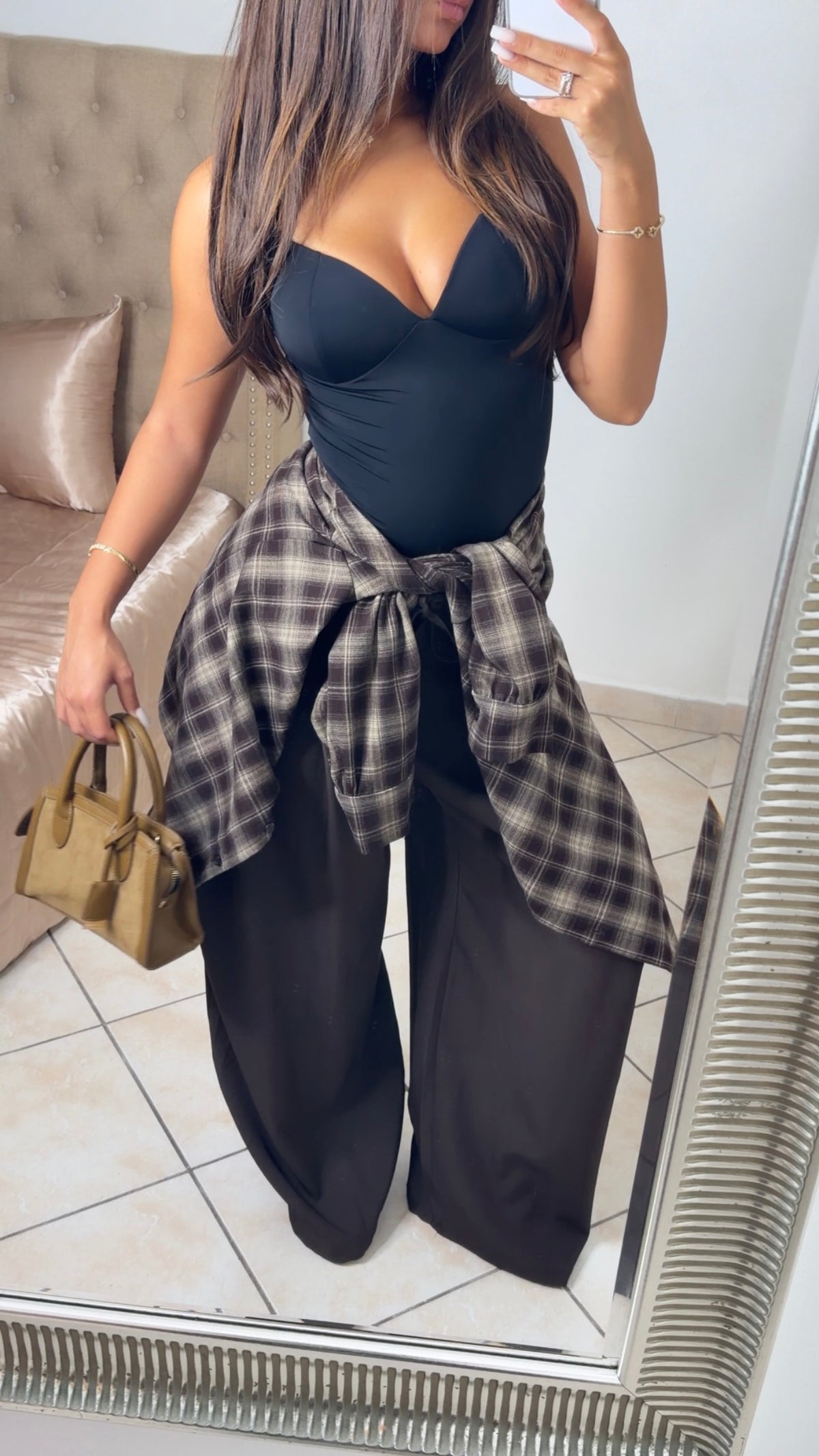 Chemise épaisse oversize longue à carreaux [MARRON]