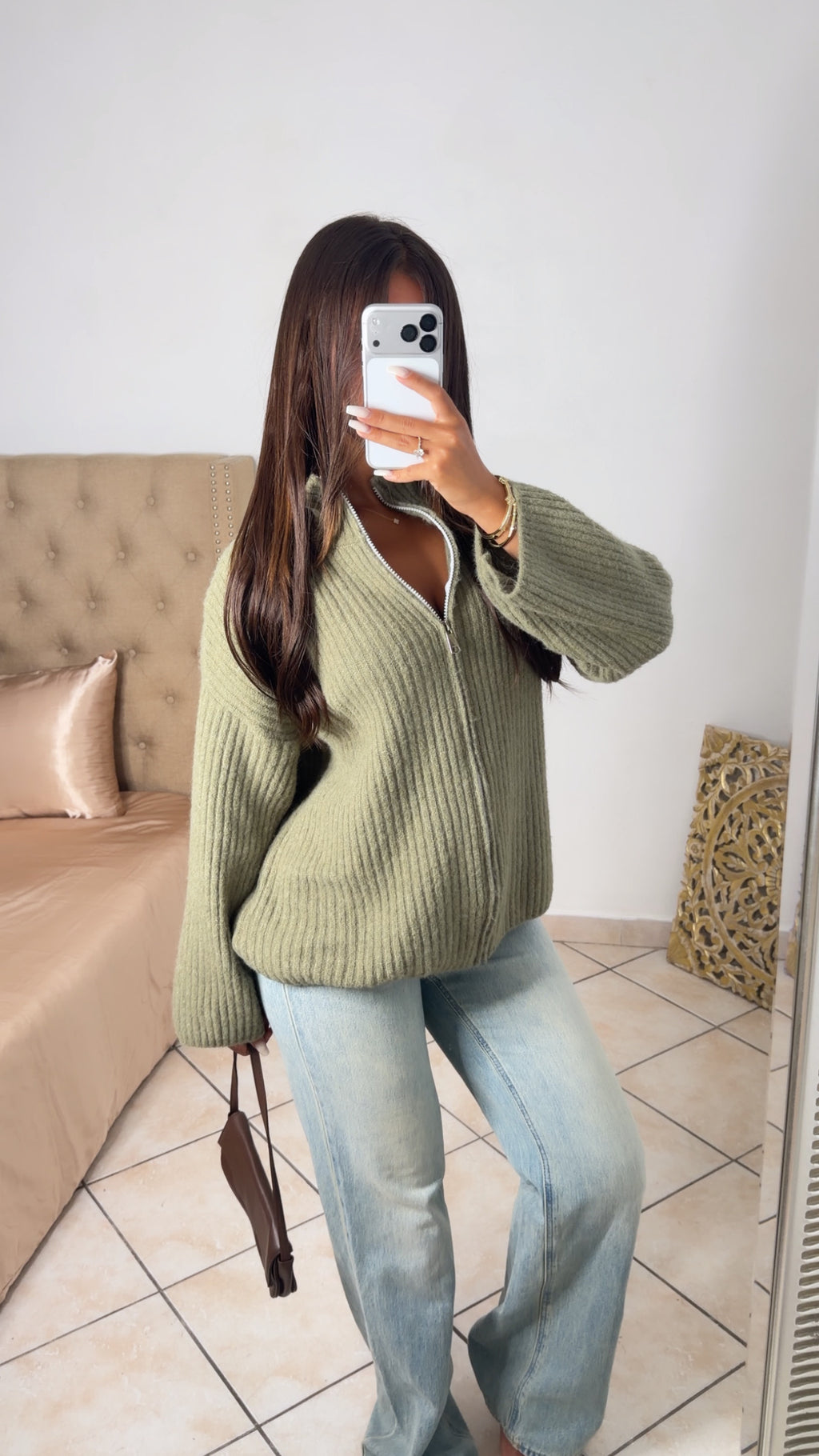 Gilet en maille col montant à zip [KAKI]