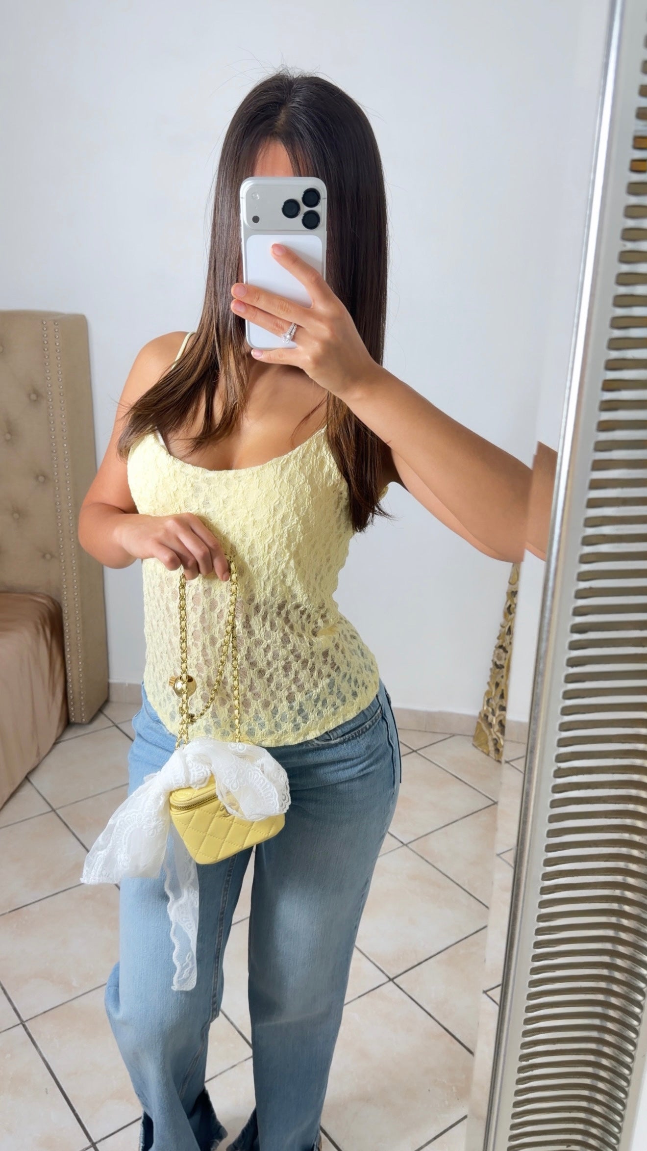 Top à fines bretelles en dentelle [JAUNE]