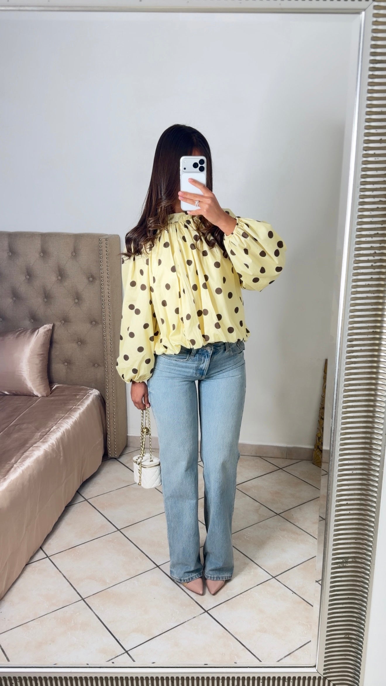 Blouse bouffante à pois à nouer au dos [JAUNE]
