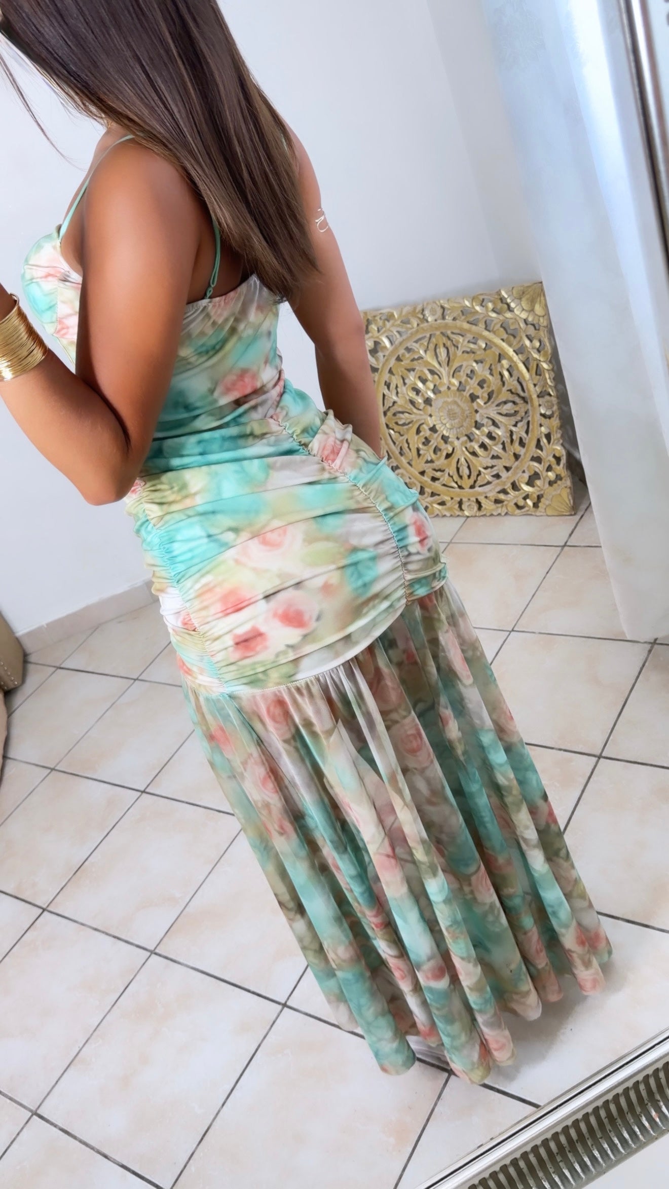 Robe bustier longue drapée à motifs fleuris [MENTHE]