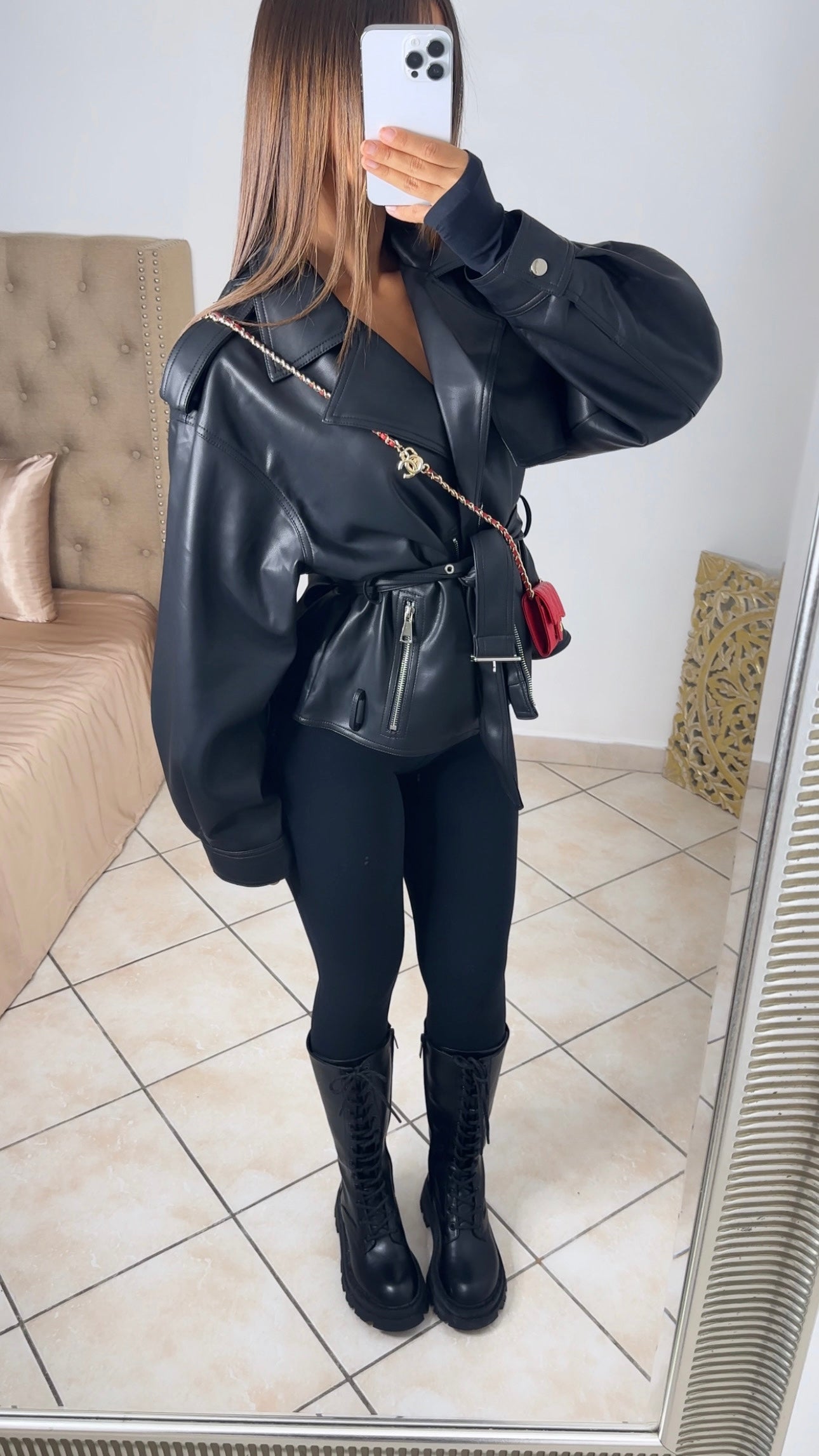 Veste oversize en similicuir à ceinture [NOIR]