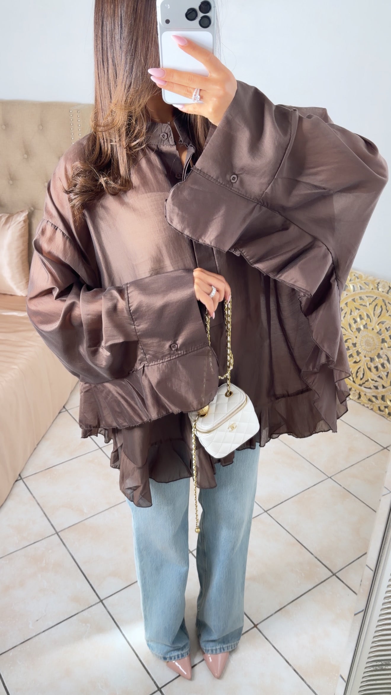 Blouse longue à volants [MARRON]