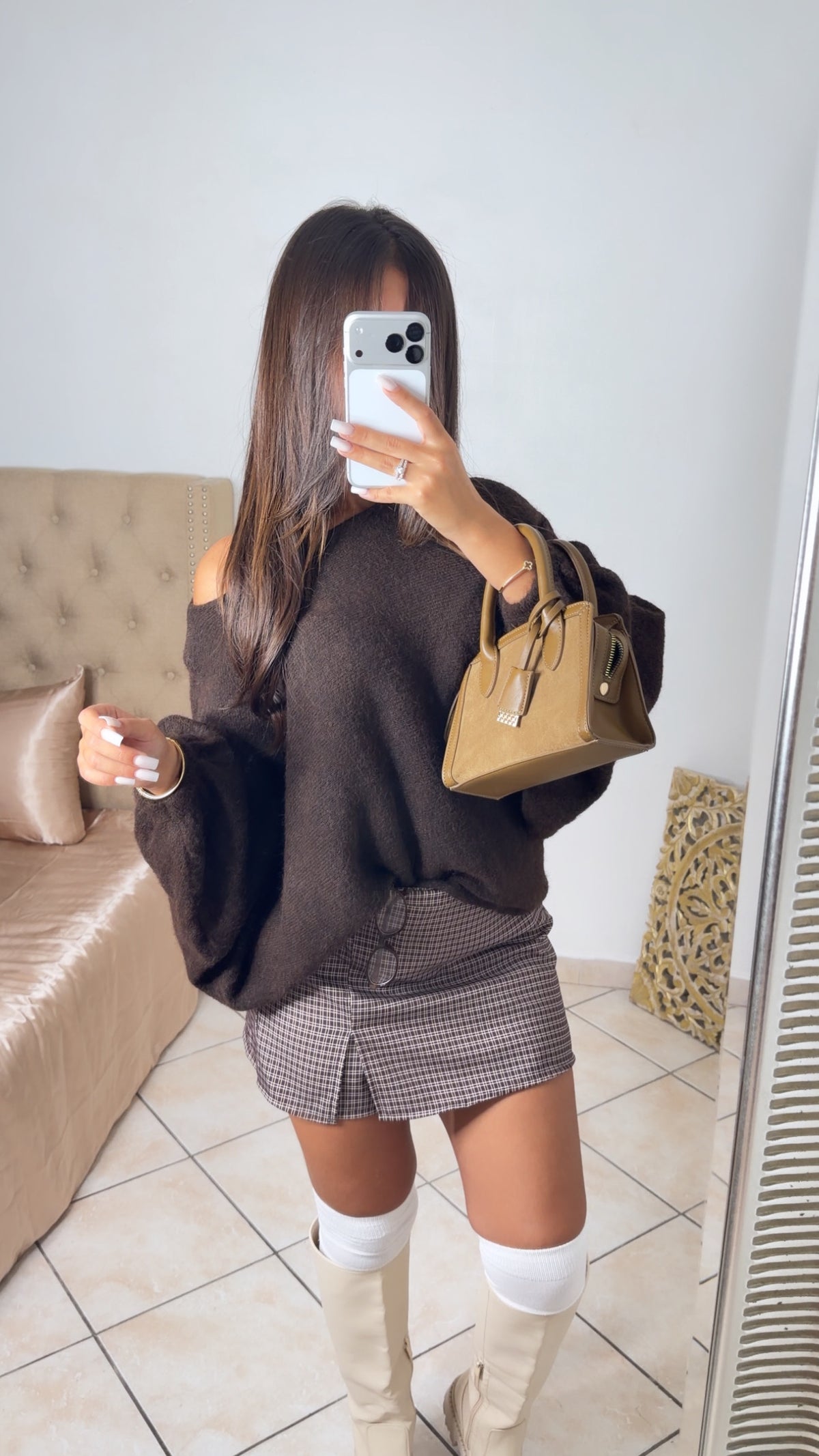 Pull oversize en maille manches ballons [MARRON]