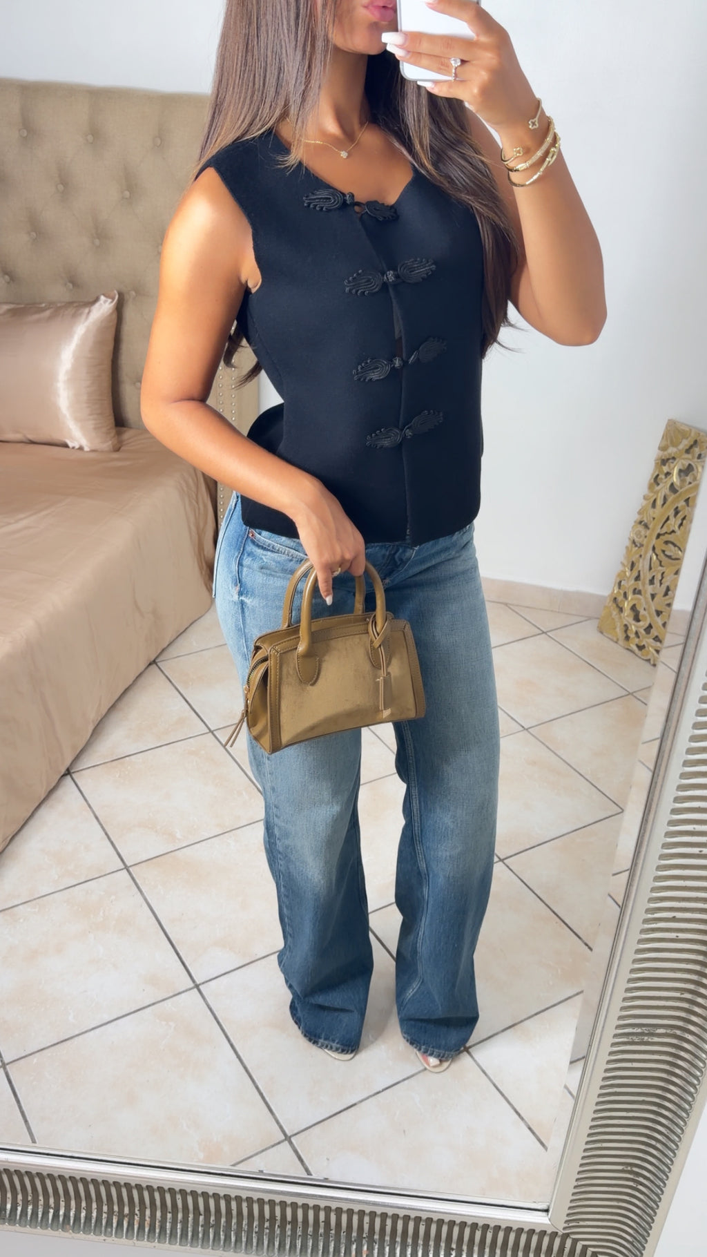 Top en maille sans manches à boutons style asiatique [NOIR]