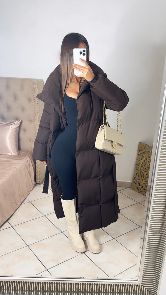 Doudoune longue à ceinture [MARRON] #FC7516