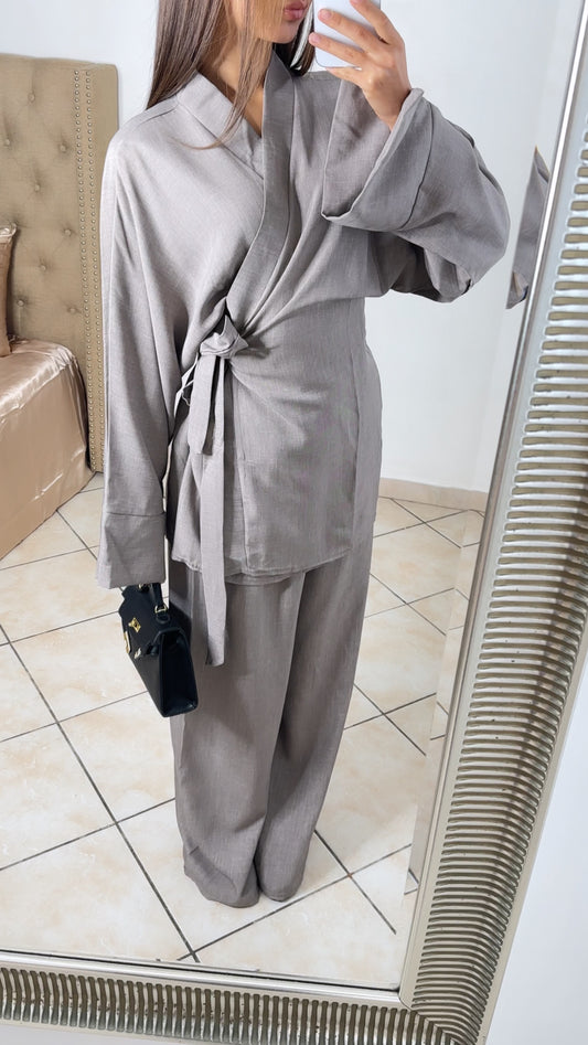 Ensemble kimono effet lin [TAUPE]