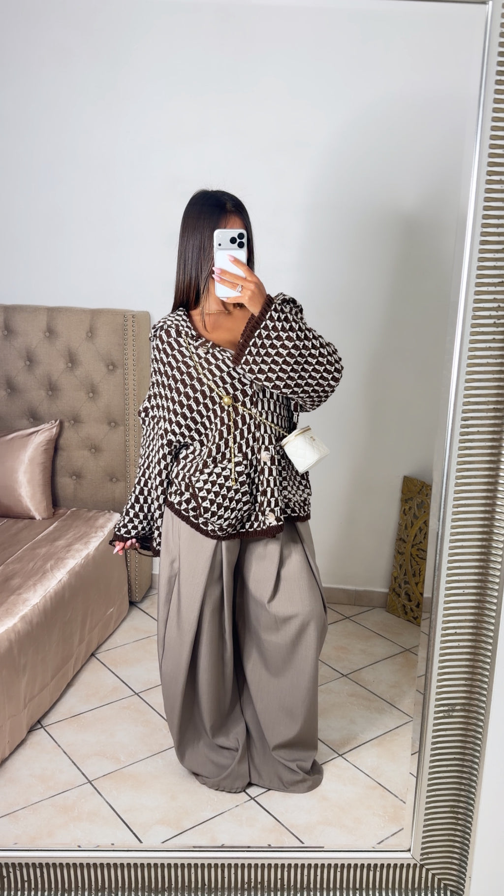 Cardigan boutonné à carreaux et grosse maille [MARRON]