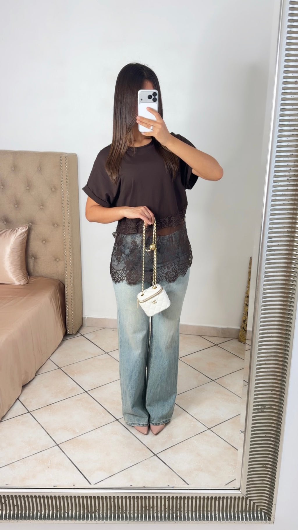 T-shirt bimatière en dentelle [MARRON]