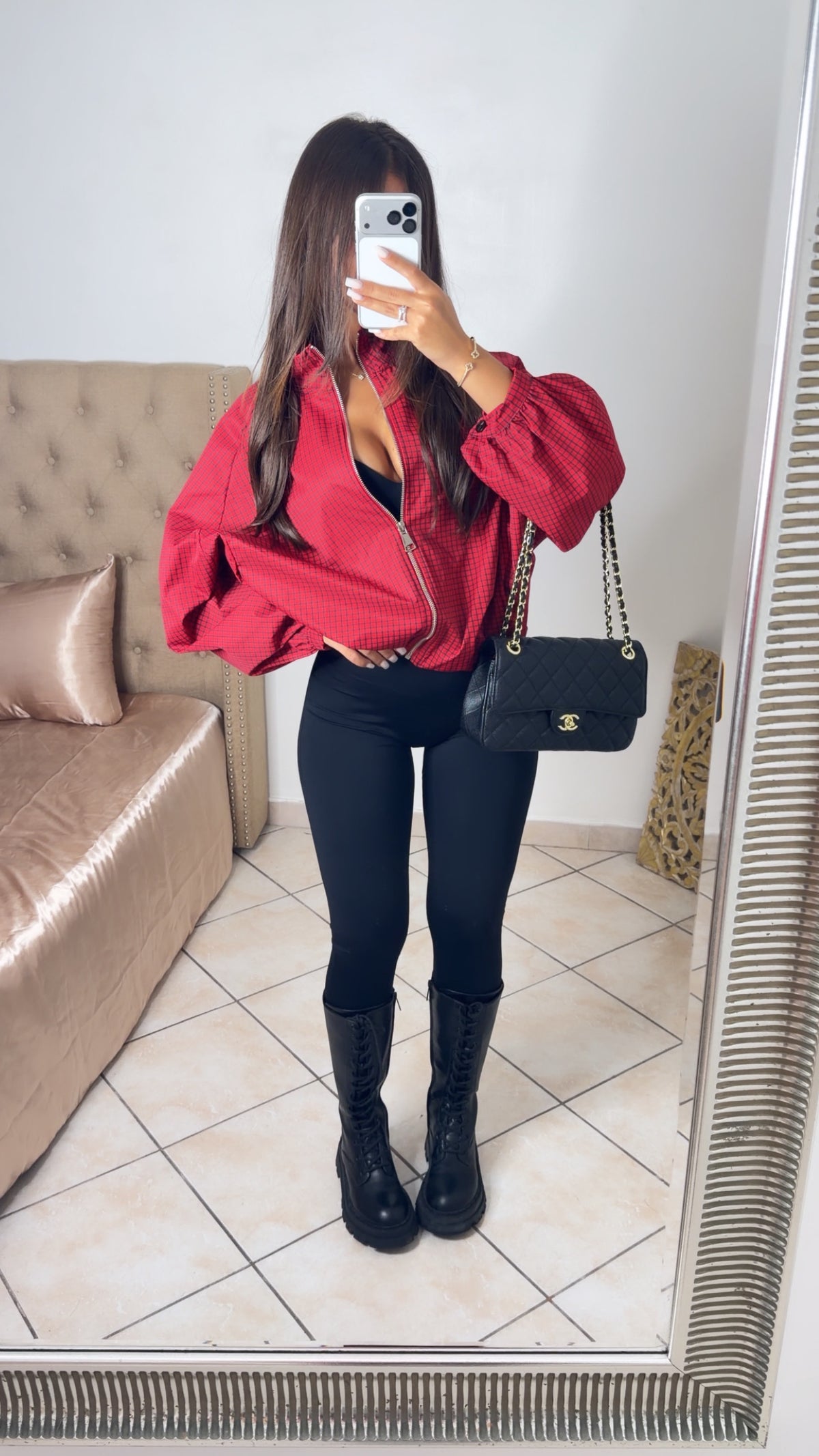 Veste bouffante à carreaux [ROUGE]