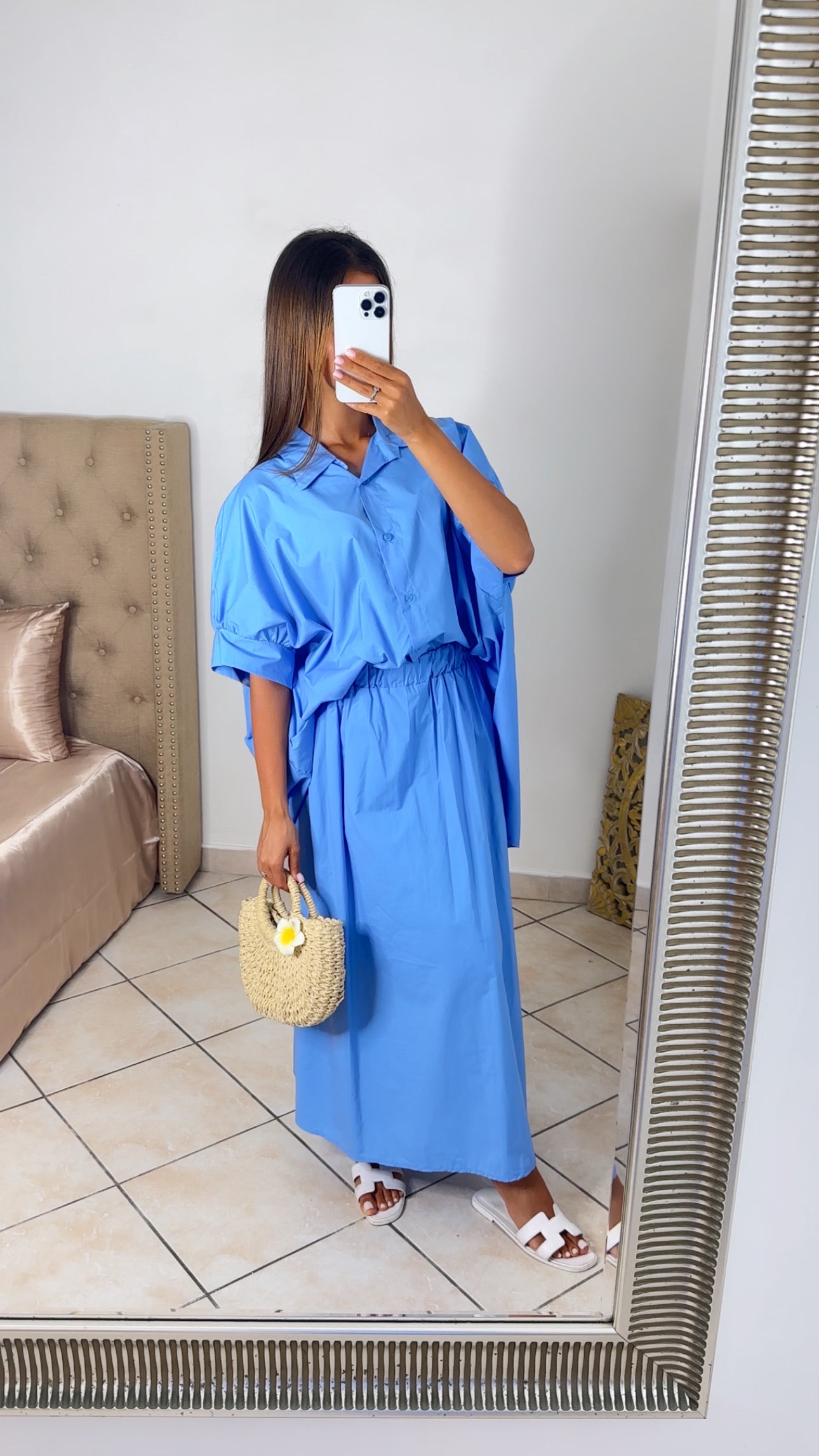 Ensemble chemise oversize et jupe trapèze [BLEU]