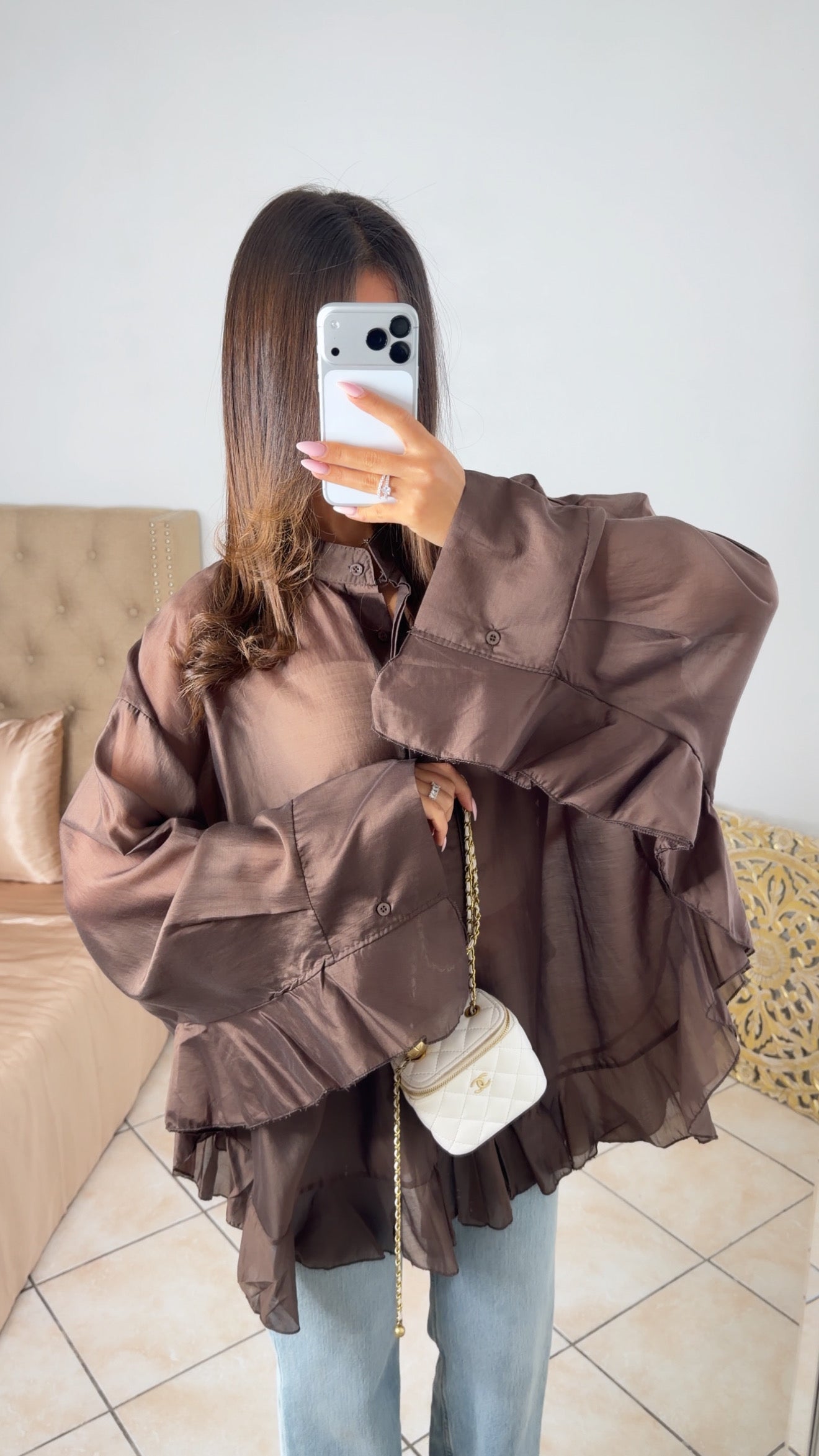 Blouse longue à volants [MARRON]