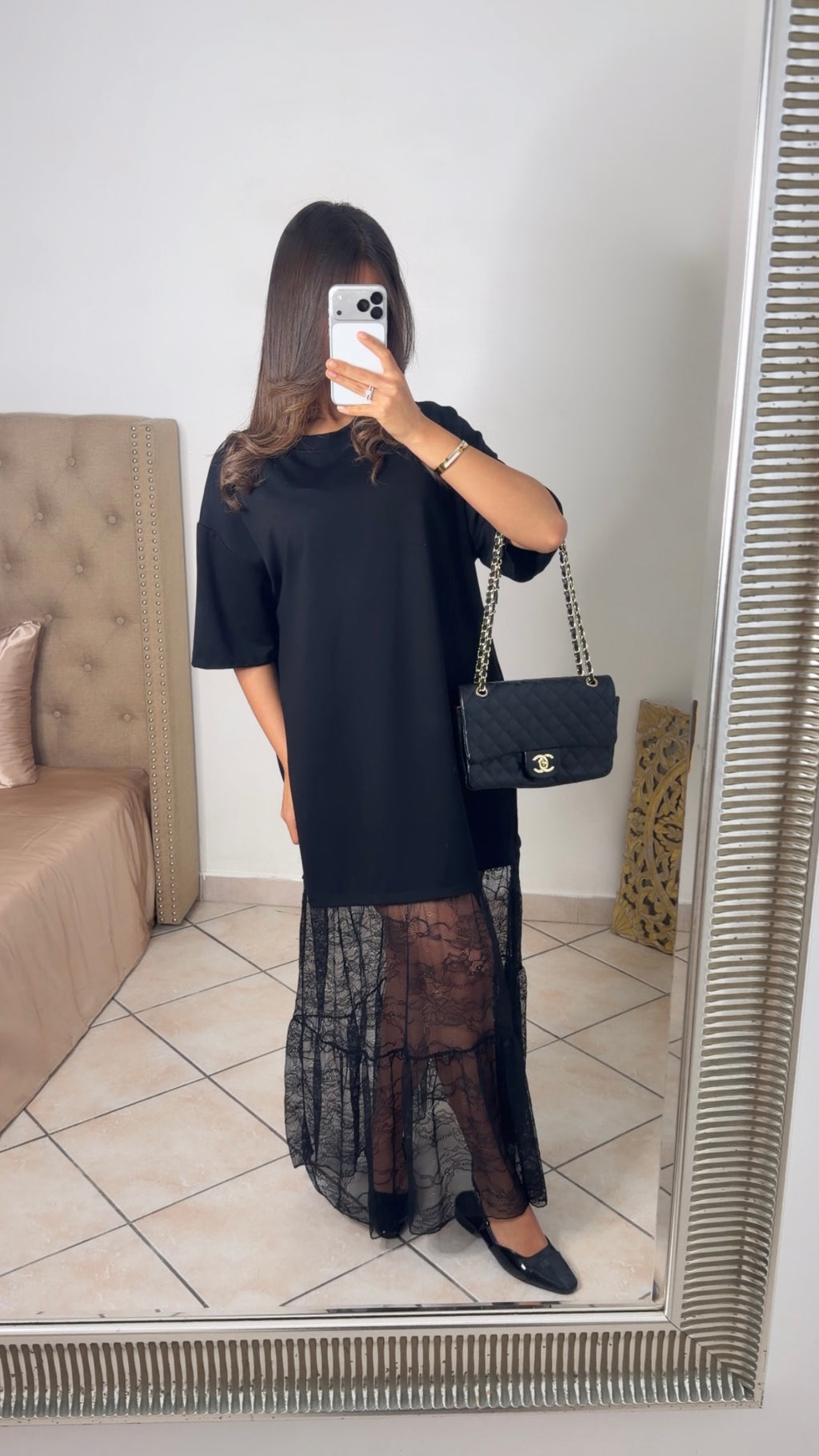 Robe t-shirt bimatière dentelle [NOIR]