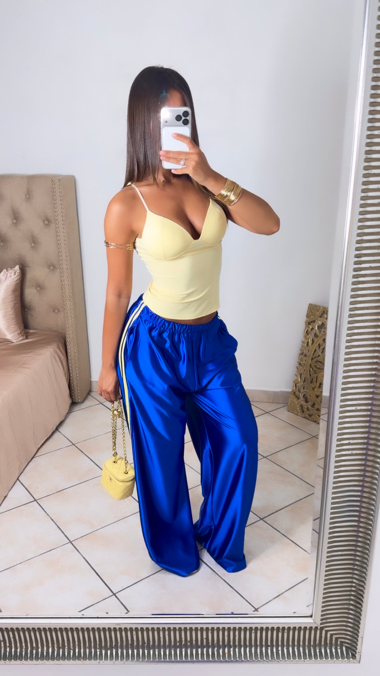 Pantalon satiné à bandes [BLEU]